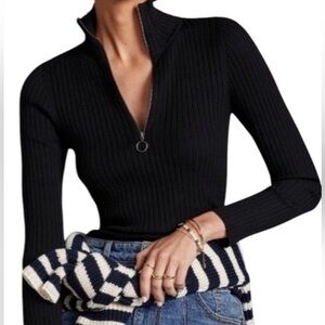 NWT Anthro Maeve Women’s Half Zip Black Ribbed Fitted Sweater w/ Circle Pull - S